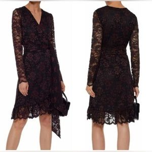 Ganni Flynn Lace Wrap Midi Dress Black/ Burgundy Size 34